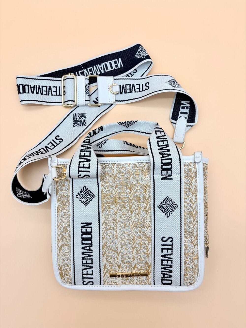 Steve Madden Crossbody Bag BWEBBER Straw White Logo Strap Woven Satchel Purse